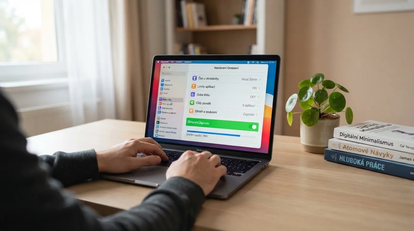 Muž v kanceláři sedí u počítače a soustředěně sleduje obrazovku notebooku v denním světle.