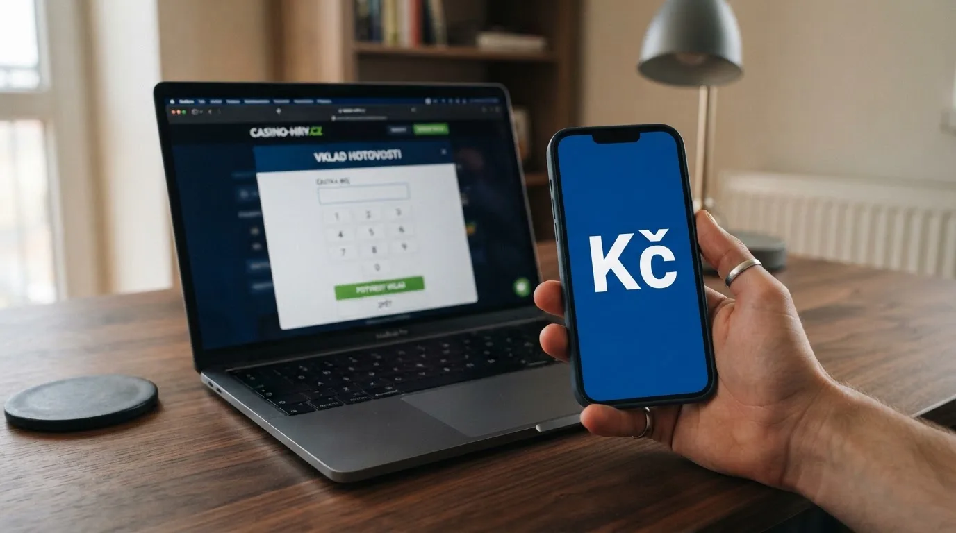 Ruka drží telefon těsně před obrazovkou notebooku na dřevěném stole v bytě.